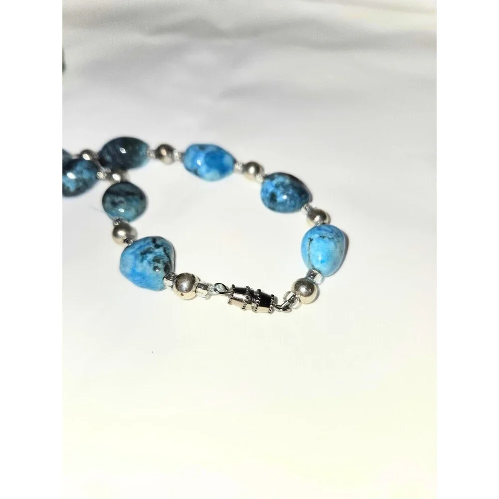 Blue Art Glass Starfish Pendant Beaded Necklace & Green Stretch Bracelet Set